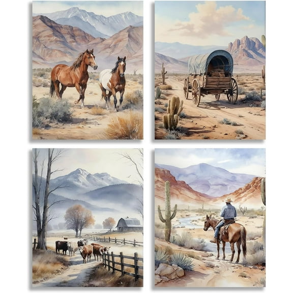 Vintage Western Cowboy Wall Art Prints - Unframed 8"x10" Inch Canvas Decor - Rustic Horse Landscape Art Prints for Farmhouse, Bedroom & Man Cave