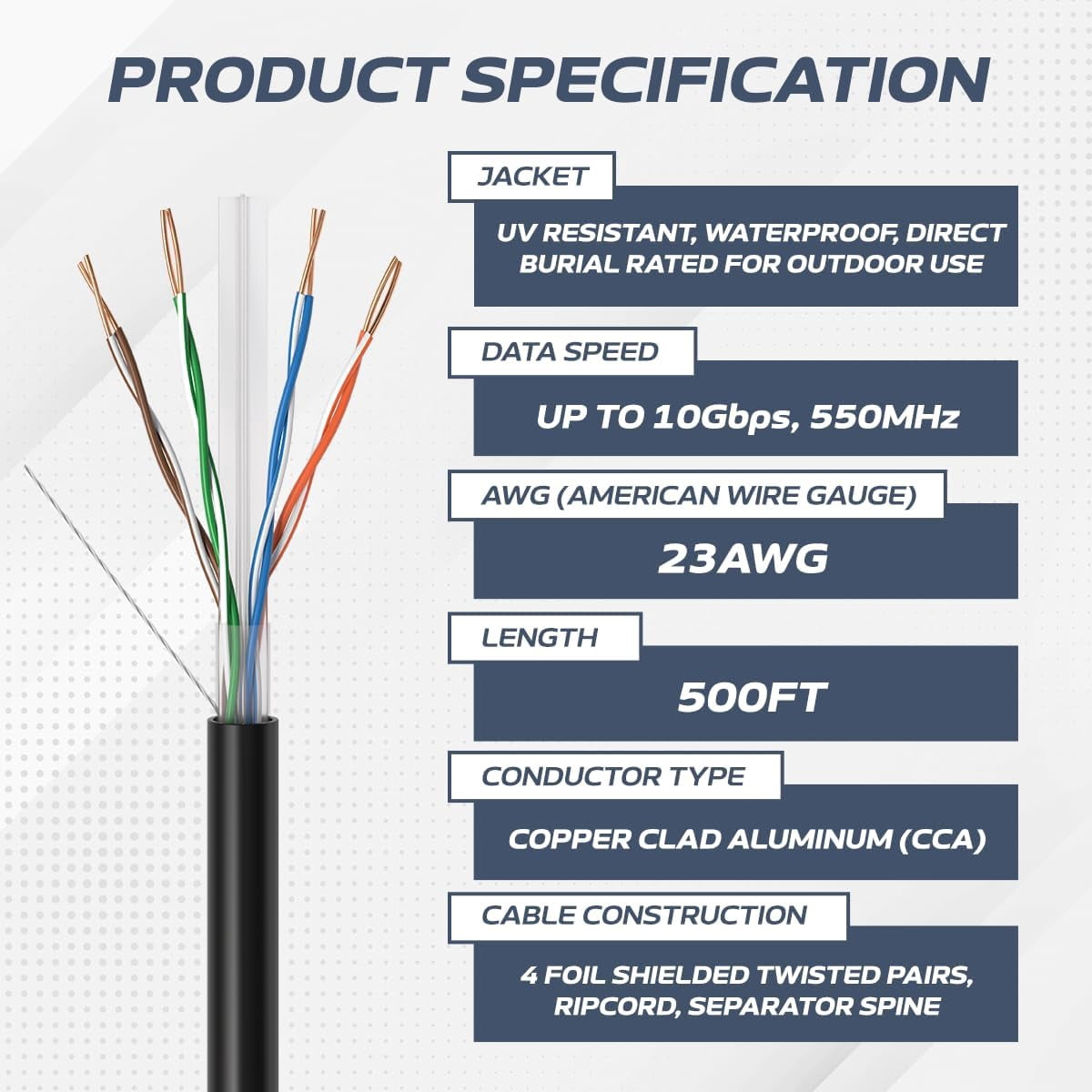 Cables Direct Online 500FT CAT6 Outdoor 23AWG 550MHz UTP Copper Clad Aluminum Solid Bulk Ethernet Cable Direct Burial UV Wire