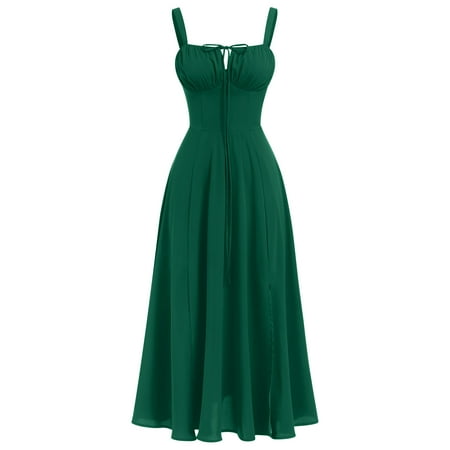 IBTOM CASTLE Women Floral Corset Dress Sleeveless Square Neck Spaghetti Straps Dress Boho Holiday Flowy Midi Bustier Sundress XS Green