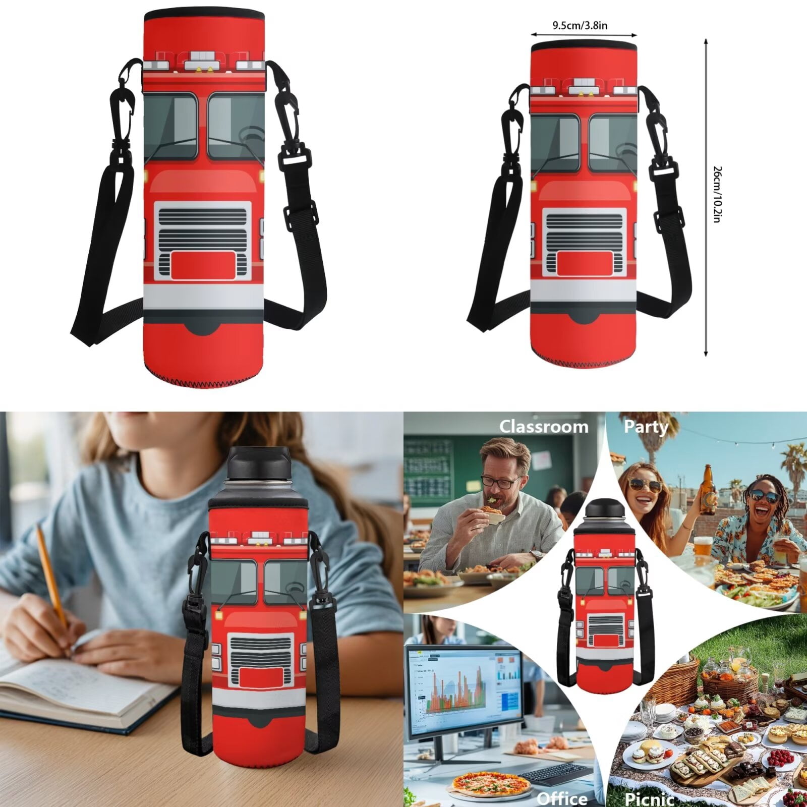 Pzuqiu Red Fire Truck Kids Backpack for School 4pcs 17 Inch Boys Backpack with Lunch Box Pencil Case Water Bottle Holder Kids Backpacks Lightweight Casual Daypack for Boys
