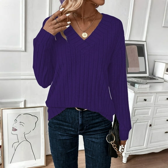 Women's Casual Long Sleeve V Neck Lightweight Knitted Sweaters Loose Fit Plus Size Tunic Tops