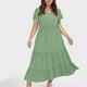 thumbnail image 3 of Vestido informal de talla grande para mujer con cuello en V, color liso, mangas con volantes y pliegues - Poliéster, moda de verano, 3 of 4
