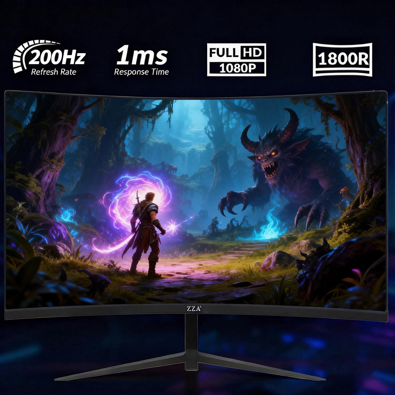 ZZA 27 inch Curved Monitor 200hz, PC Computer Gaming Monitor FHD 1080P, 1800R, Frameless, Home Office Movies
