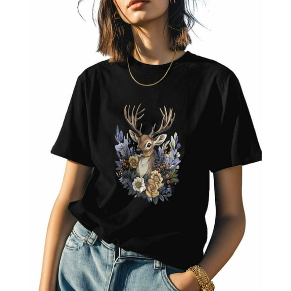 Women's T-Shirts, Deer with Flowers Leaves Cotton Crewneck Tee Short Sleeve Casual Tops Loose Graphic T-Shirt Black, M