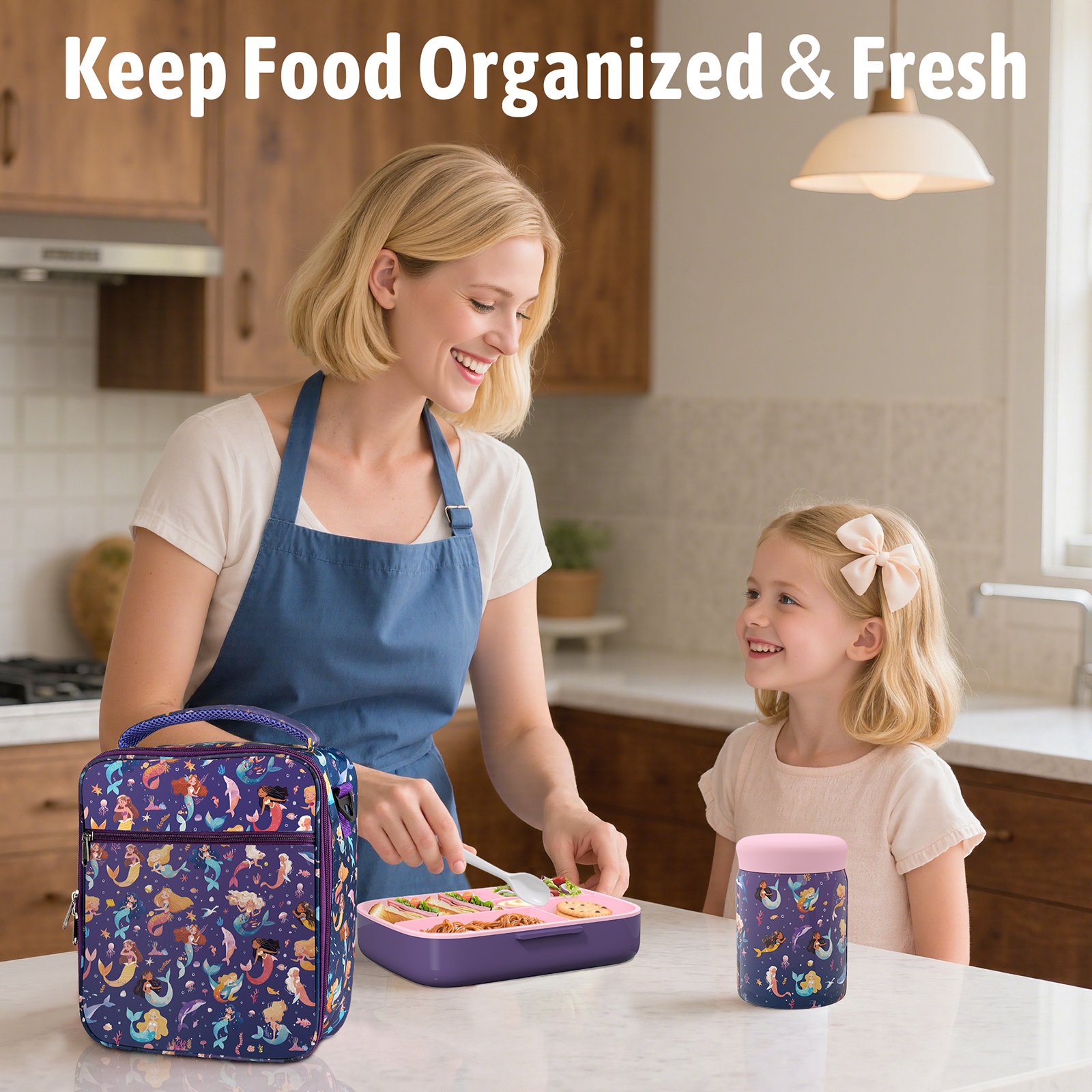 TeSabMi Bento Lunch Box for Kids Insulated Bento Box with Leak Proof Thermos Food Jar  Purple Mermaid