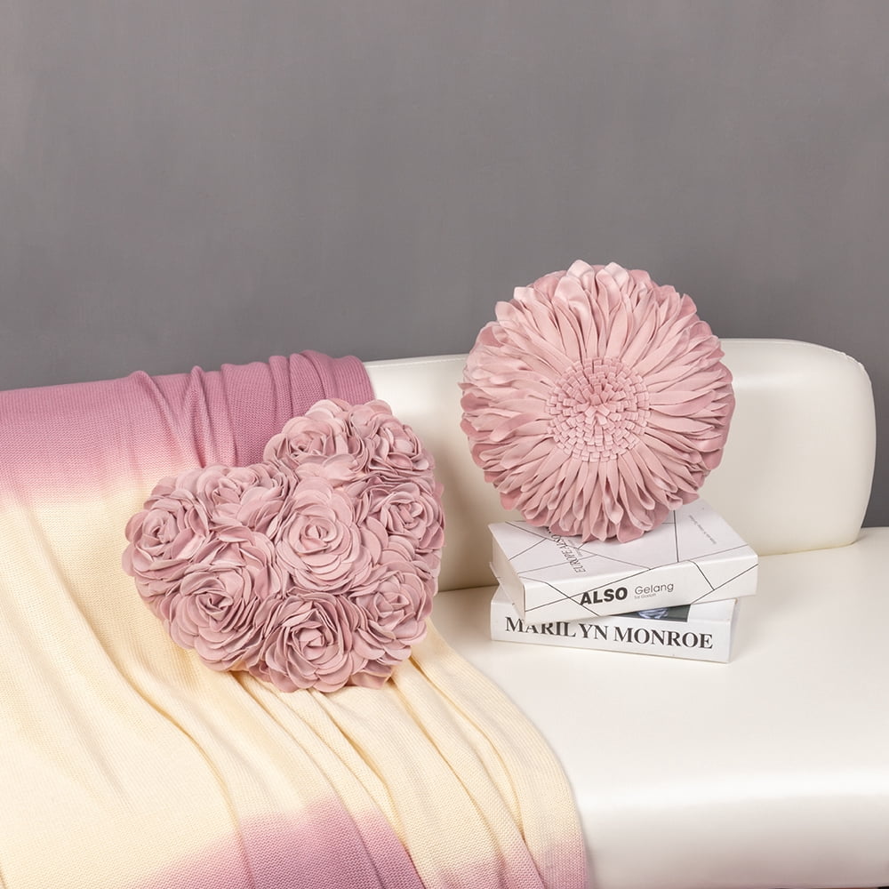 JWH 3D Handmade Flower Design Heart Shaped Rose Pillows for Valentine Elegant Decor and Gift 13 x 16 inch in Rose Gold
