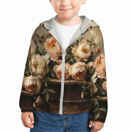 

Qekee Vintage Peonies Rustic Charm Print UPF 50+ Kids Sun-Protective Hooded Long Sleeve Rash Guard for Fishing Water Beach Sports -4 Years