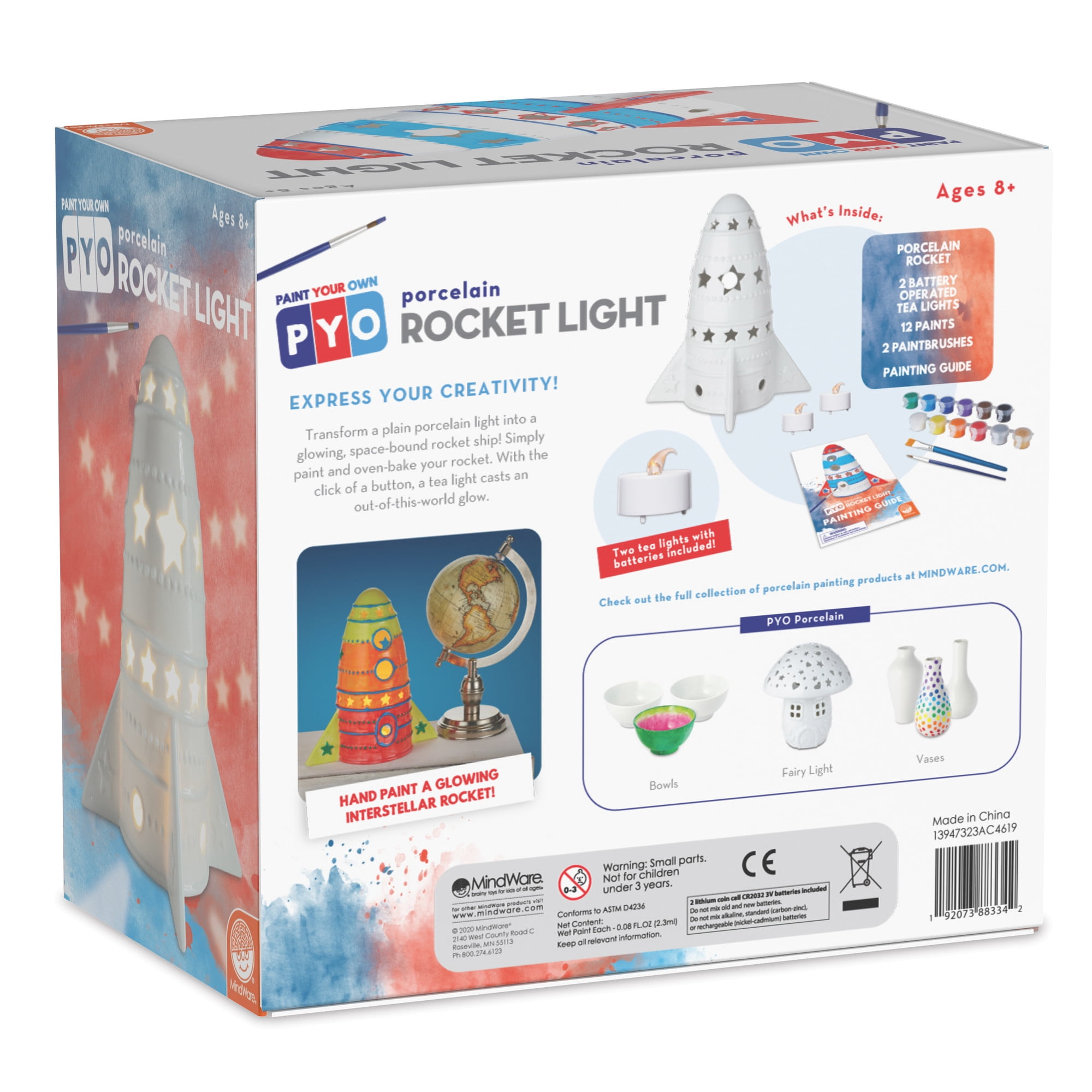 MindWare Paint Your Own Porcelain: Rocket Light with 2 tea lights, 12 paints & 2 brushes, Creative paintable pottery crafts & gift kits for kids