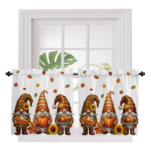 Fall Gnomes 2 Panel Kitchen Curtains for Small Windows, Thanksgiving Sunflower Pumpkins Maple Rustic Bathroom Tier Curtain, Short Window Treatment for Bedroom/Living Room 55"x24"