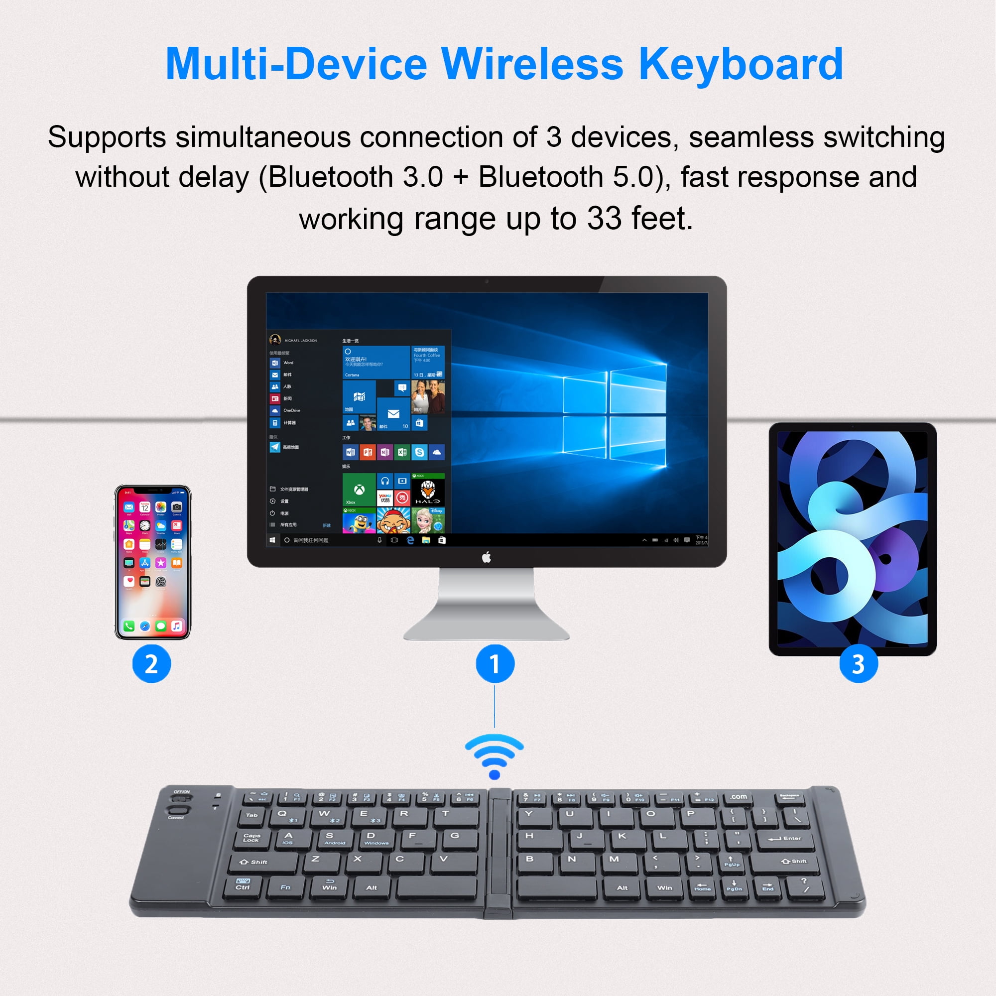 Dpisuuk Foldable Bluetooth Keyboard Portable Ultra Slim Multi Device Wireless Keyboard 66 Keys Pocket Size Rechargeable Keyboard Cordless Keyboard for Laptop Tablet PC (Black)