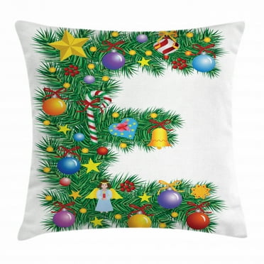 Letter E Throw Pillow Cushion Cover, Seasonal Holiday Candy Cane Big Star Praying Angel Capitalized Letter E Alphabet, Decorative Square Accent Pillow Case, 16 X 16 Inches, Multicolor, by Ambesonne