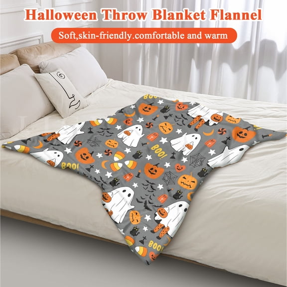 Halloween Gray Ghost Pumpkin Throw Blanket, Soft Warm Flannel Fleece for Kids Teens, Cute Spooky Holiday Room Decor Gifts, Cozy Fall Couch Bed Travel Nap, 50x60in