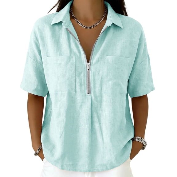 Olyvenn Women's Half-Zip Linen Blend Button Collared Shirt, Short Sleeve, Two Chest Pockets, Casual & Workwear Top Sky Blue M