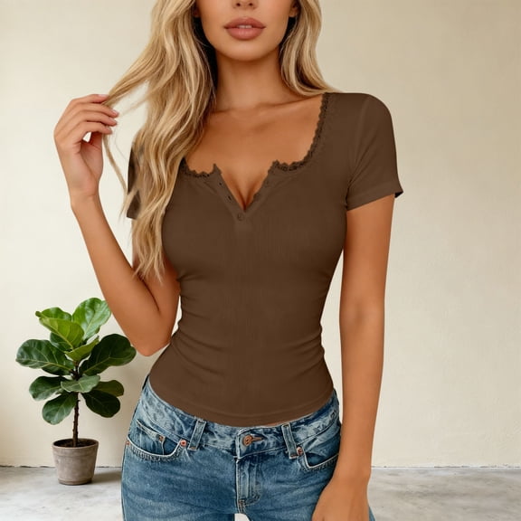 ClodeEU Women's V Neck Short Sleeve Top,Slim Fit Casual Blouse with Lace Trim Coffee,Womens Plus L