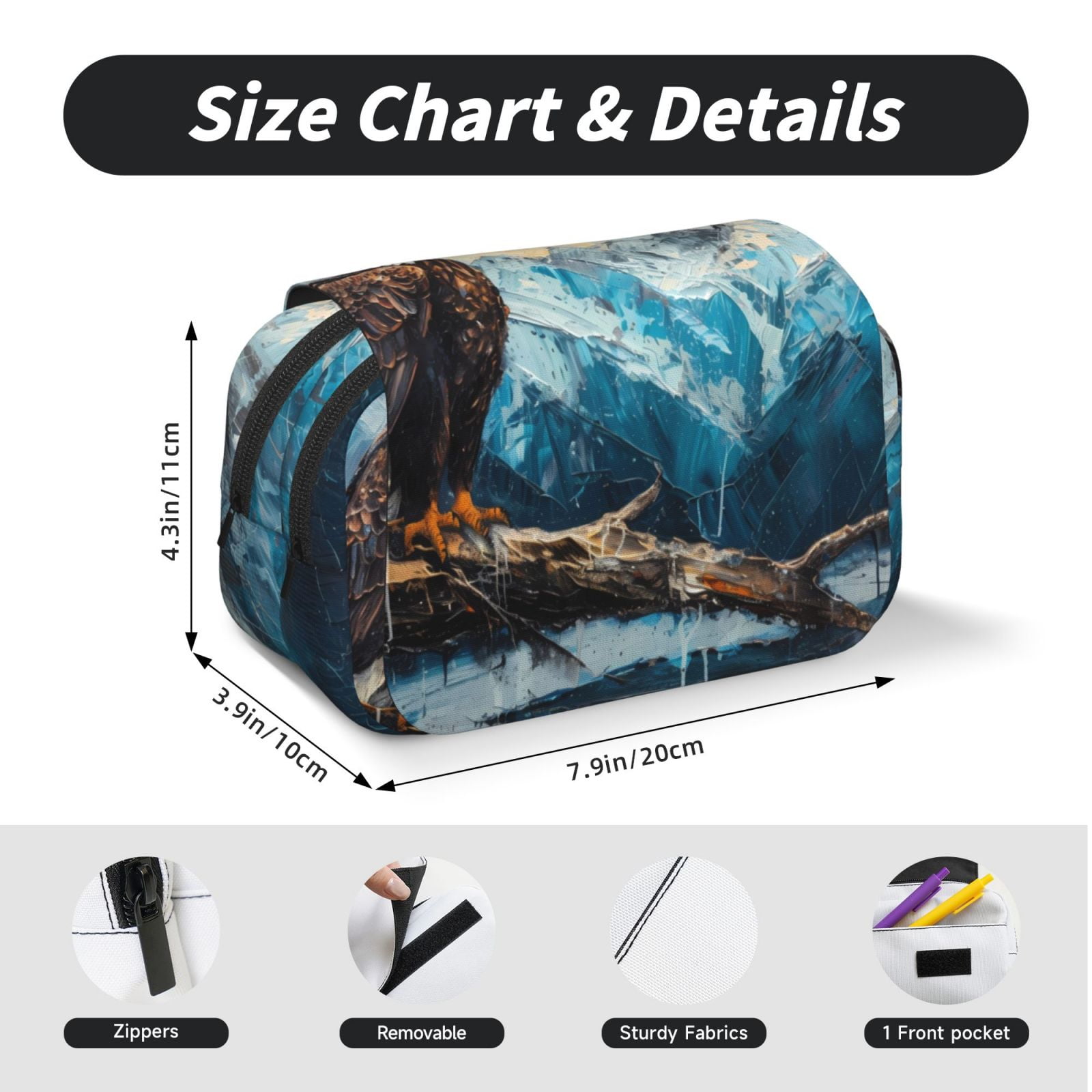 Rateoe Iceberg Bald Eagle Pattern Double Clamshell Pen Case, Storage Organizer with Two Zipper Compartments– Holds Up to 50 Pencils & Pens