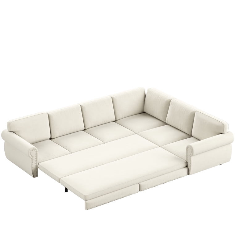 118" L-Shaped Convertible Sleeper Couch Bed, Chenille Upholstered Sectional Sofa with Pull-Out Sofa Bed, Modern Chesterfield Sofa for Living Room