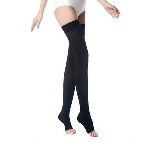 PPXGOGO Thigh High Compression Socks, Firm Support 20-30 mmHg Gradient Compression Stockings with Silicone Band. Treatment for Running, Edema, Varicose Veins, Pregnancy, Nursing.(Black-open,M)