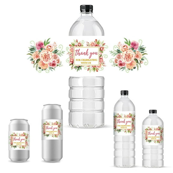 30sheets 30pcs Flower Water Bottle Labels Thank You for Celebrating with Waterproof Stickers 2.5" x 8.5" Water Bottle Wrappers Wraparound Labels for Birthday Party Wedding Supplies Shower