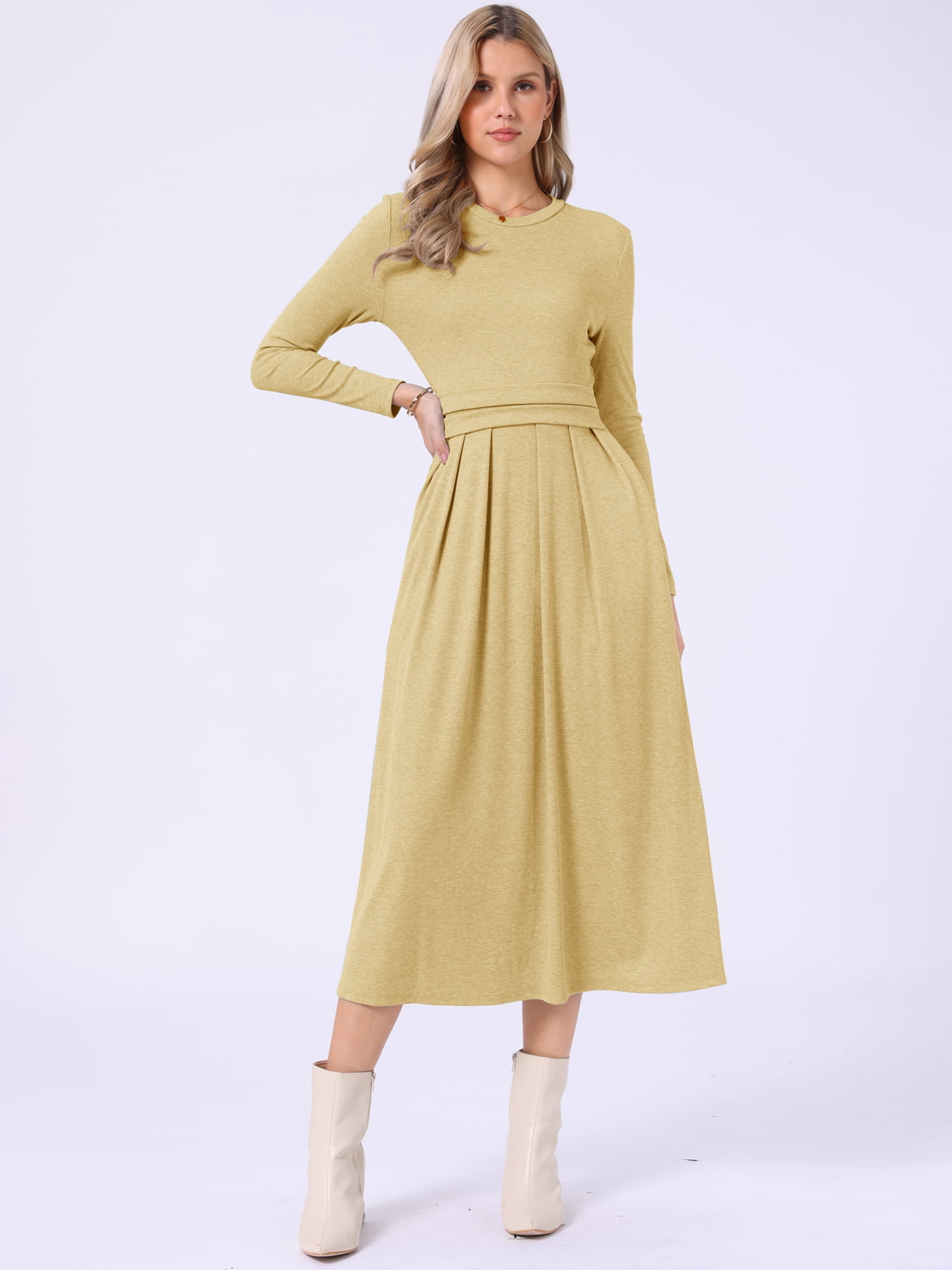 DARING DIVA Women's Long Sleeve Maxi Casual Formal Spring A-Line Dress M Yellow