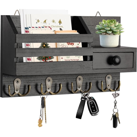 Soporte de Pared para Llavero,Estante para Llaves con 8 Ganchos para Llaves y organizador de correo,Porta Llaves Montado en la Pared,llavero Decorativo para llaves, Cartas, Periódicos (Negr