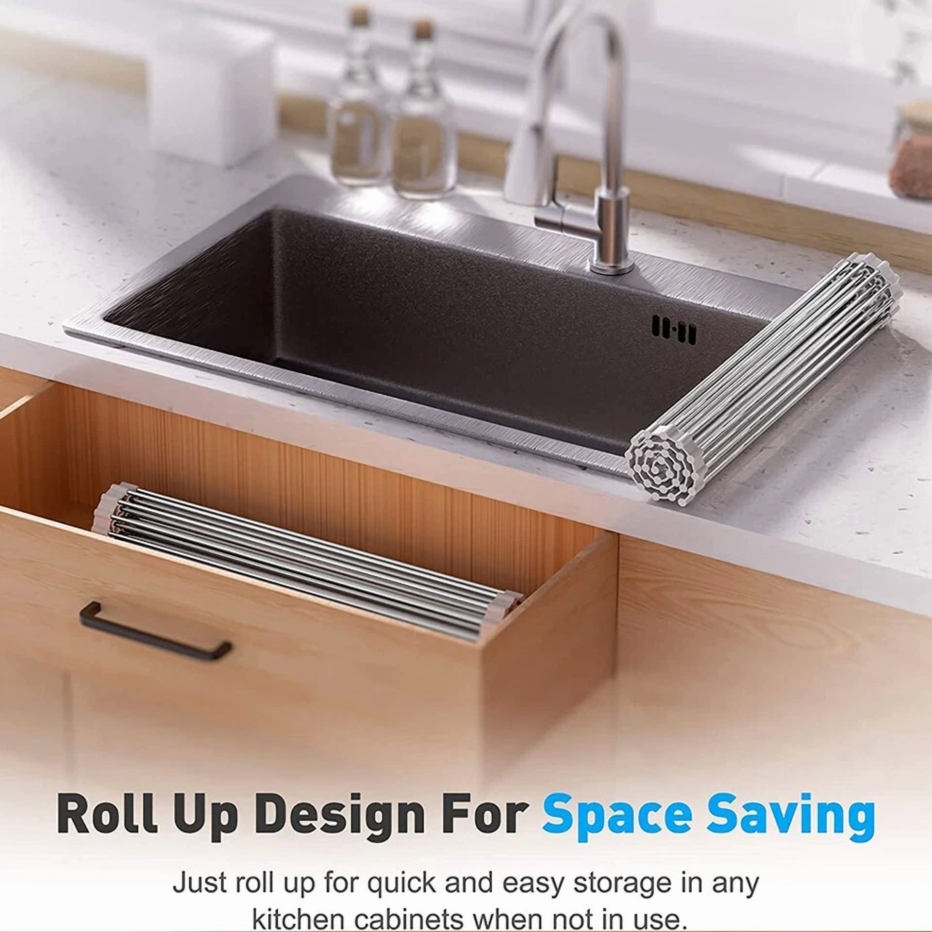CRESTIN- Kitchen Over The Sink Drying Rack Dish Food Drainer Stainless Steel Roll Up Gray