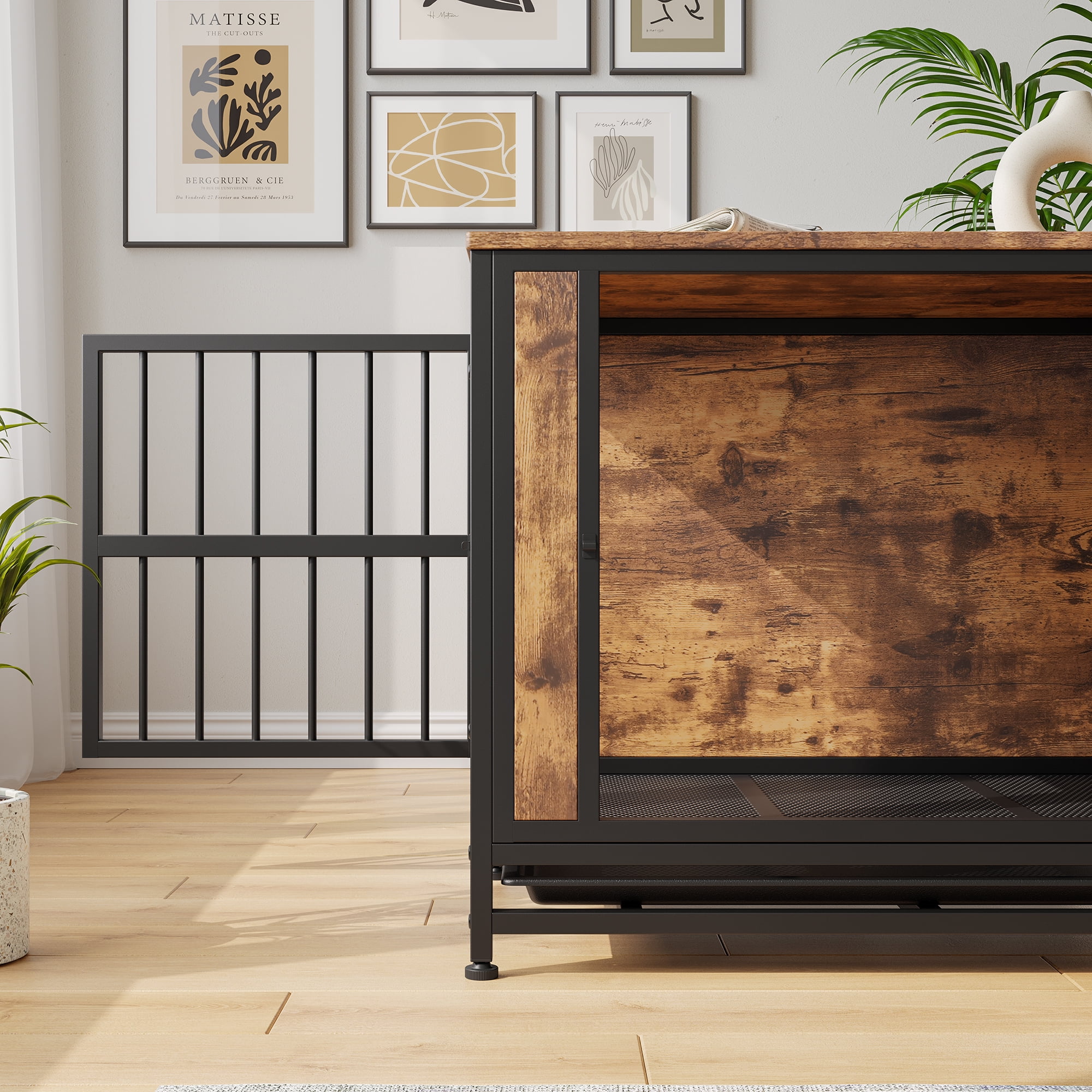 ZephyPaws Heavy Duty Dog Crate Furniture with Double Door,Wood Indoor Dog Crate Kennel for Small/Medium with Pull-Out Tray,End Side Table,TV Stand,Black