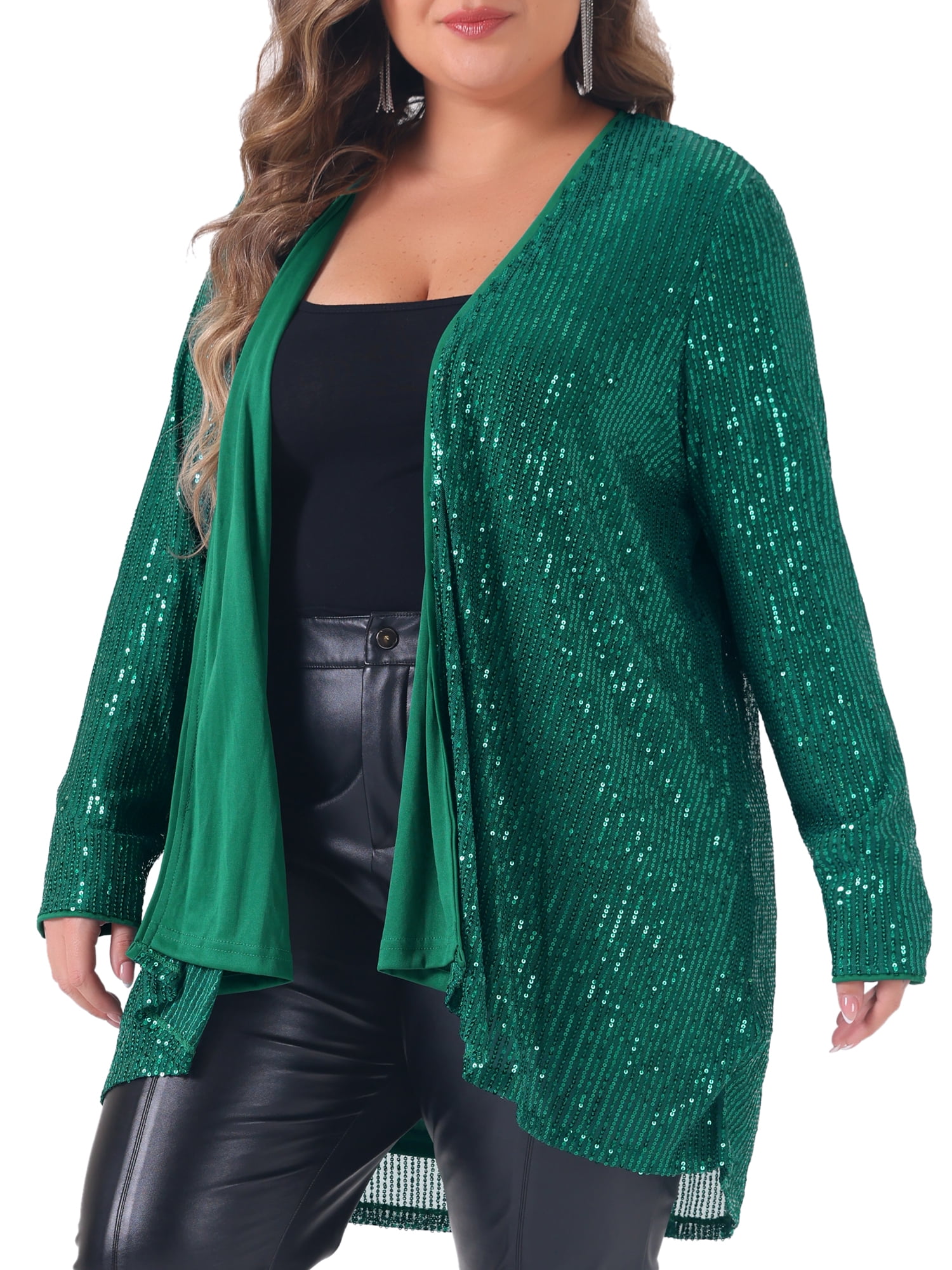 DARING DIVA Women's Plus Sequin Long Sleeve Open Front Outerwear Coat 3X Dark Green