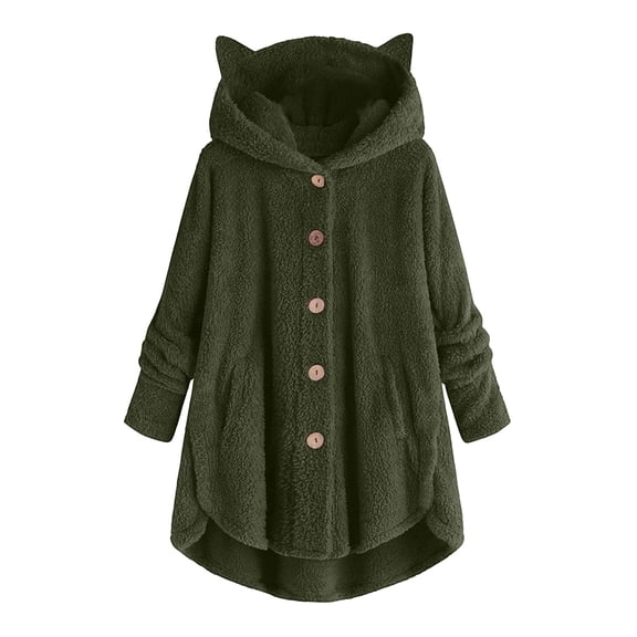 Virmaxy Womens Fashion Sherpa Hoodie Faux Shearling Fleece Cat Ear Hooded Jacket Long Sleeve Open Front Plush Outwear with Pocket Solid Button Side Split Plush Outcoat Olive Green XL
