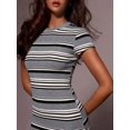thumbnail image 4 of Athîral Womens Coffee Casual Long Striped Dress Round Neck Short Sleeve, 4 of 5
