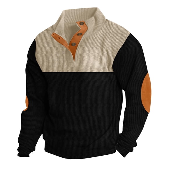 vdgthytj Chandail en Molleton Décontracté en Velours Côtelé pour Hommes, Manches Longues, Col Montant, Chemises Tendance à Blocs de Couleur, Chandail à Boutons 1/4