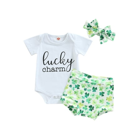 

Infant Baby Girls St. Patricks Day Outfits Summer Short Sleeve Romper + Lucky Clover Elastic Waist Shorts + Hairband