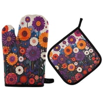 Yayeee Oven Mitts and Pot Holder Set of 2 Heat Resistant Kitchen Gloves Baking Hot Pad, Purple Flowers