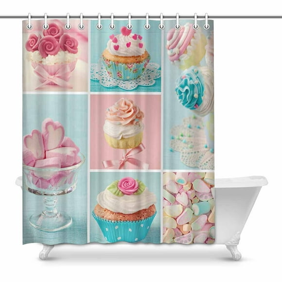 YUSDECOR Funny Pastel Colored Cupcakes and Marshmallow House Decor Shower Curtain for Bathroom Decorative Fabric Bath Curtain Set 60x72 inch