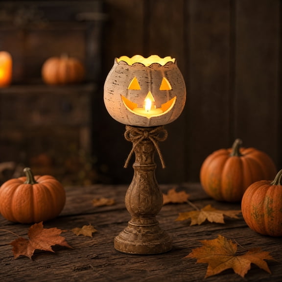 Byndra Fall White Pumpkin Candle Holder, Distressed Wood Pedestal Tealight Stand with Scalloped Rim, Vintage Thanksgiving Table Decor for Mantel, Dining Table, Entryway