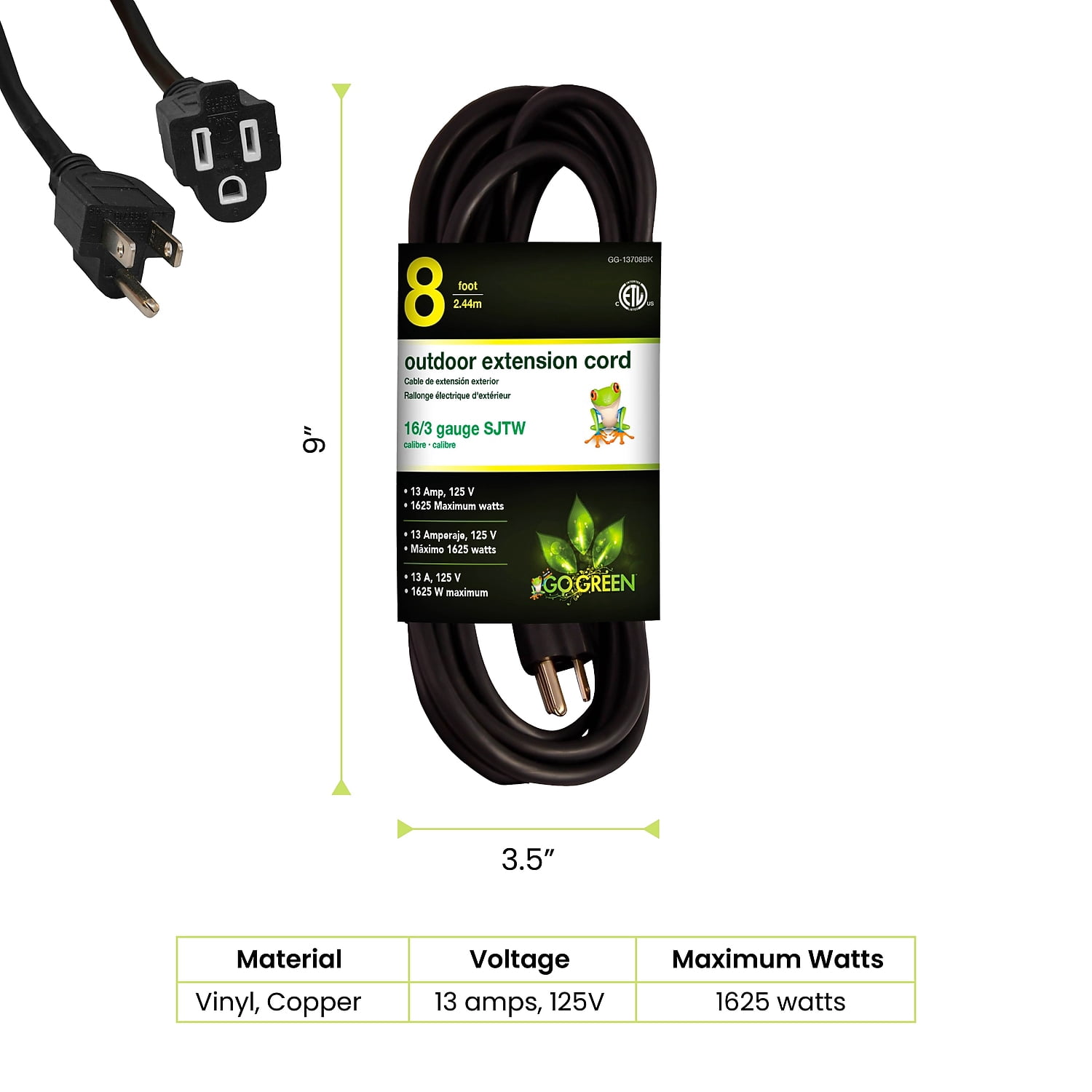 Go Green Power Power 16/3 8' Heavy Duty Extension Cord Black GG-13708BK