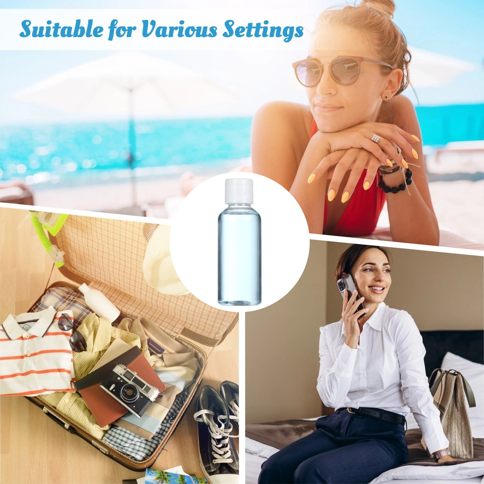 100 PCS Travel Bottles, 2 OZ / 60ML Plastic Bottles with Lids, Travel Size Cover Cap Plastic Bottles Refillable Dispensing Bottles with 5 Funnels Liquid Lotion for Travel Business