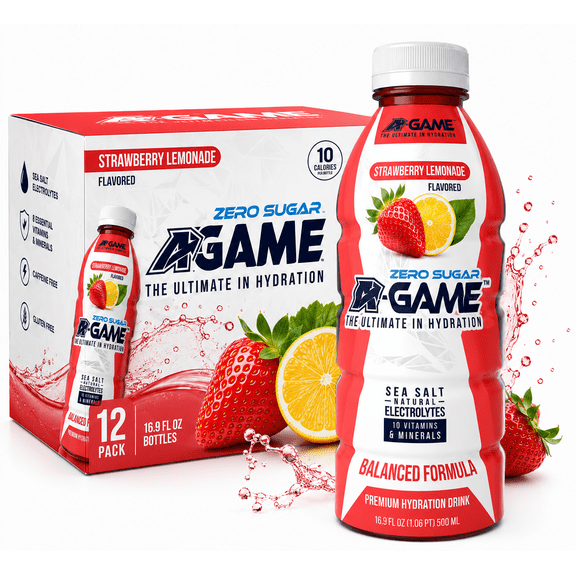 A-GAME Beverages Strawberry Lemonade Zero Sugar 16.9oz- 12 pack case