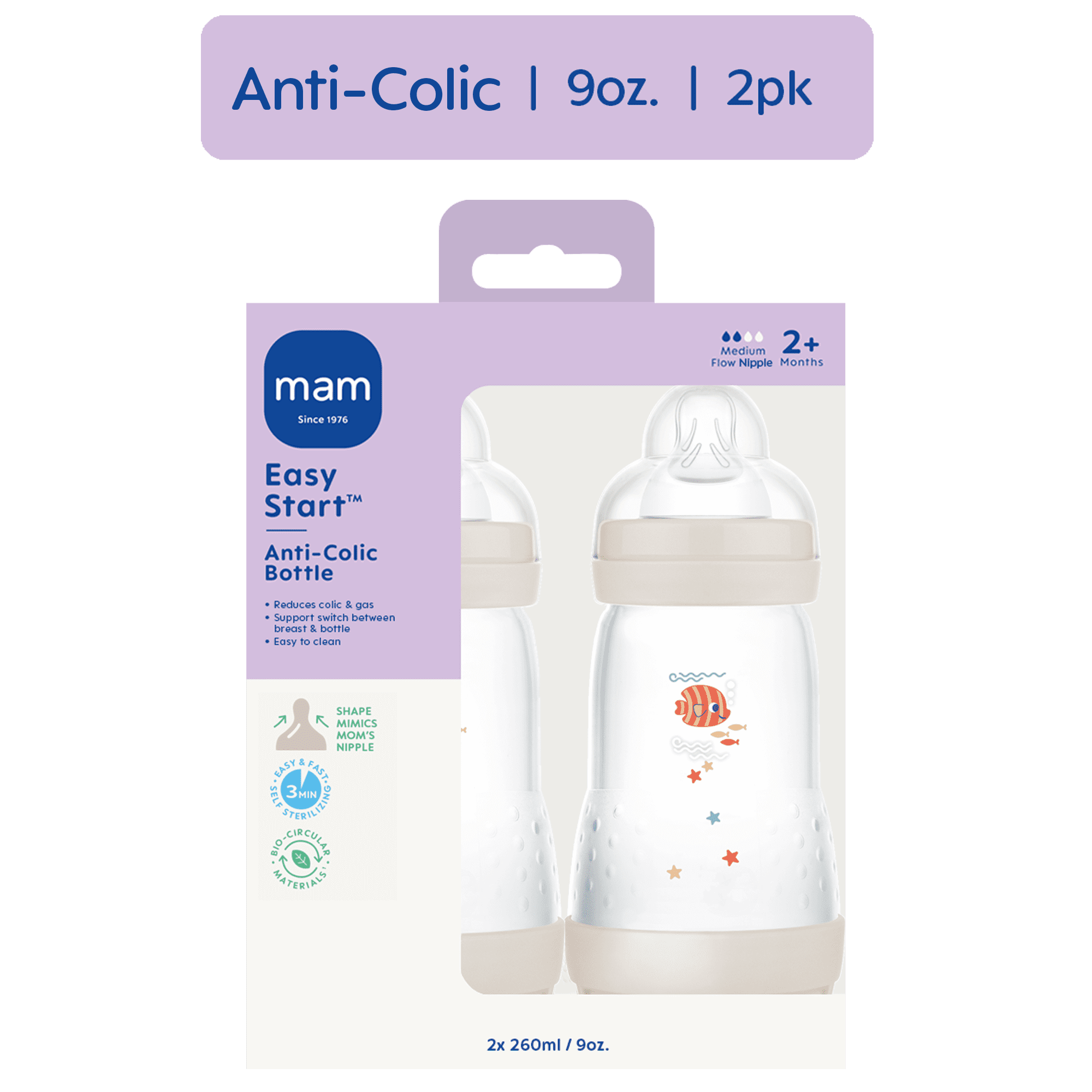 MAM, Easy Start Anti-Colic Matte Bottle, 9 oz, 2-pack Dune