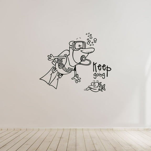 Keep Going - Life Motivation Quuote Cute Scuba Diver Drawing Underwater Activity Vinyl Wall Art Wall Sticker Wall Decal Home Kids Pool Area Living Room Boys Girls Wall Decor Design Size (20x20 inch)