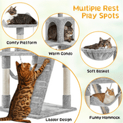 Alden Design 54 Cat Tree with Hammock, Basket and Scratching Post Tower, Light Gray