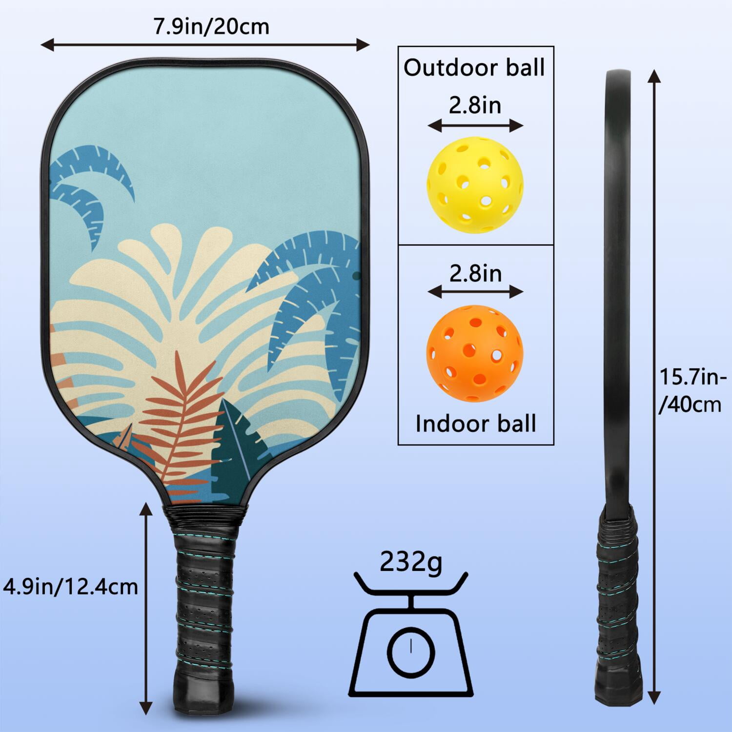Pickleball Paddles Set Of 2, Fiberglass Surface, Tropical Jungle Print, 4 Balls & Bag