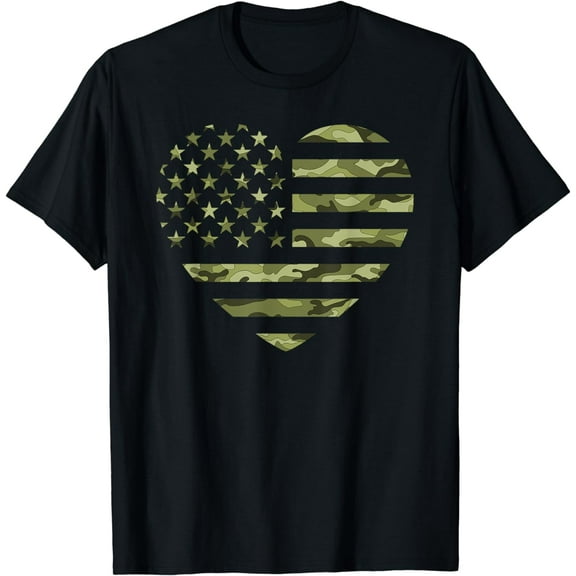 Camo American Flag Heart Camouflage Tactical Green Military T-ShirtMen and women, Black T-shirt, size: Extra large