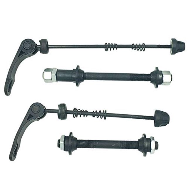 1 Pair MTB Quick Release Bicycle Hub, Road Mountain Bike Front & Rear Axle Hollow Shaft Set with Standard Spacing. Includes a short hollow shaft (11cm) with a quick release lever (16cm) for the front wheel and a long hollow shaft (14.5cm) with a quick release lever (19cm) for the rear wheel. Made of durable carbon steel, suitable for 20-28 inch bikes and compatible with 6, 7, and 8-speed road bikes. Black color, weighing approximately 255g.