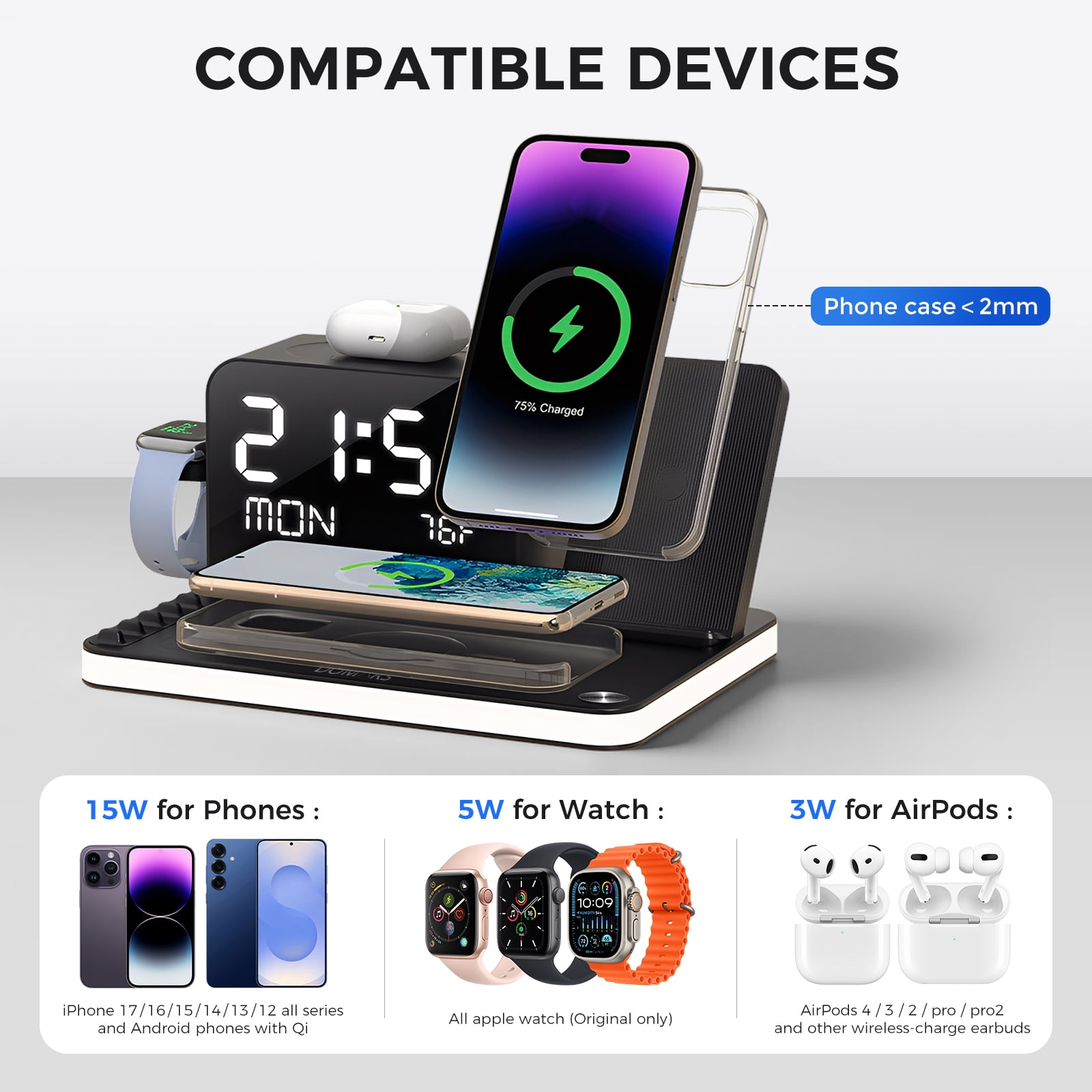 7-in-1 Wireless Charging Station with Clock, Bluetooth Time Sync & Temperature, 30W Fast Wireless Charger for Multiple Devices – Compatible with iPhone 17/16/15/14/13 Pro Max, Apple Watch & AirPods