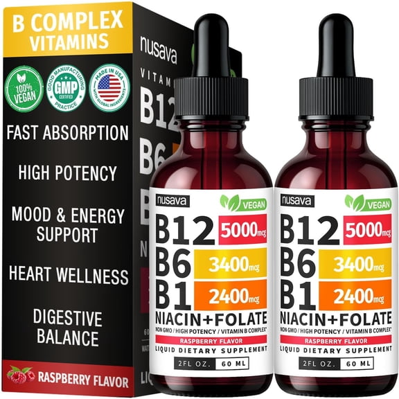Nusava Vitamin B Complex Liquid Vitamins with B1, B6, and B12 Vitamins, Raspberry, 2 Pack