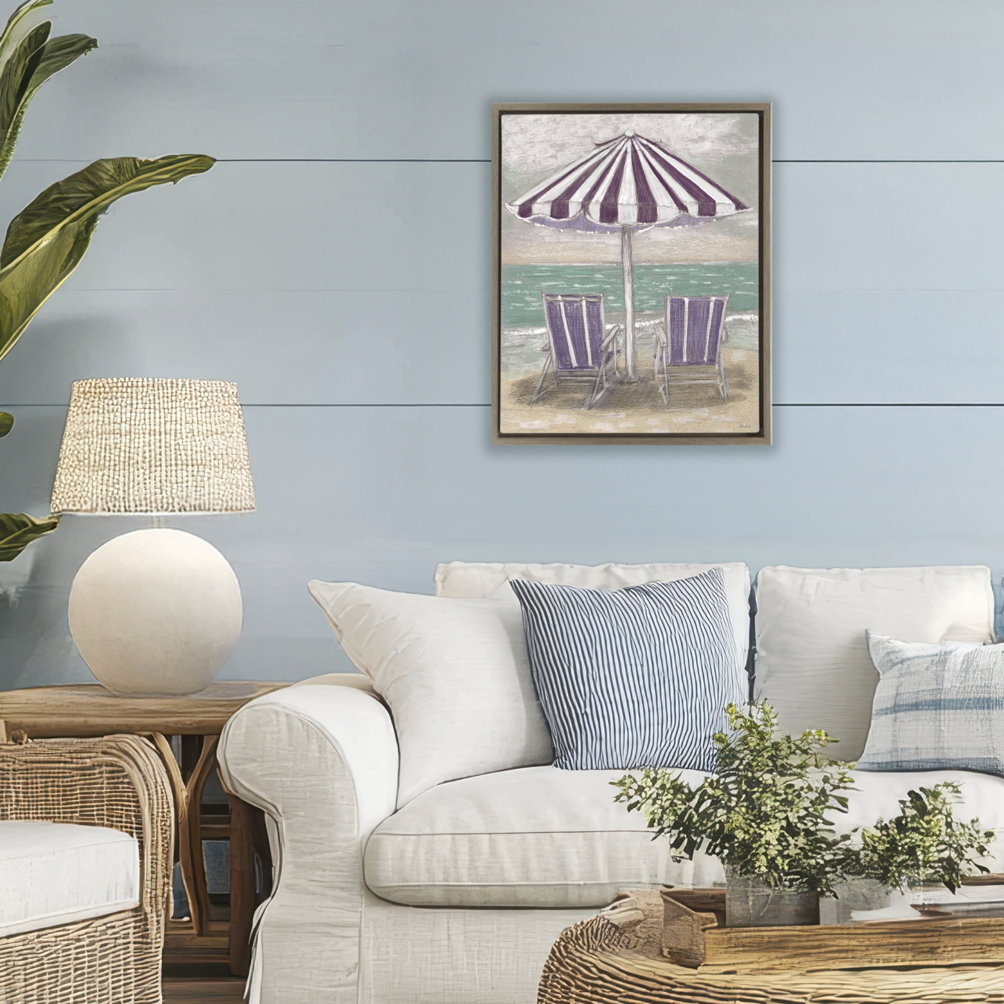Stupell Industries Umbrella & Chairs on Beach Brown Framed Floater Canvas Wall Art, design by Patti Bishop