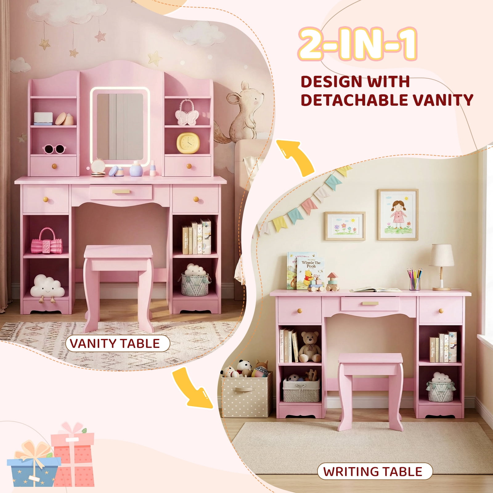 Pirecart Kids Vanity Set, Children Dressing Table and Chair with Mirror Drawer, 3 Color Lights, Large Storage, Detachable Shelf, Pink