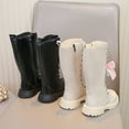 thumbnail image 4 of Girls Tall Riding Boots Elegant Pearl Bow Strappy Knee High Combat Boots Lace up Zipper Lug Sole Long Booties White 2.5 Big Kid, 4 of 7