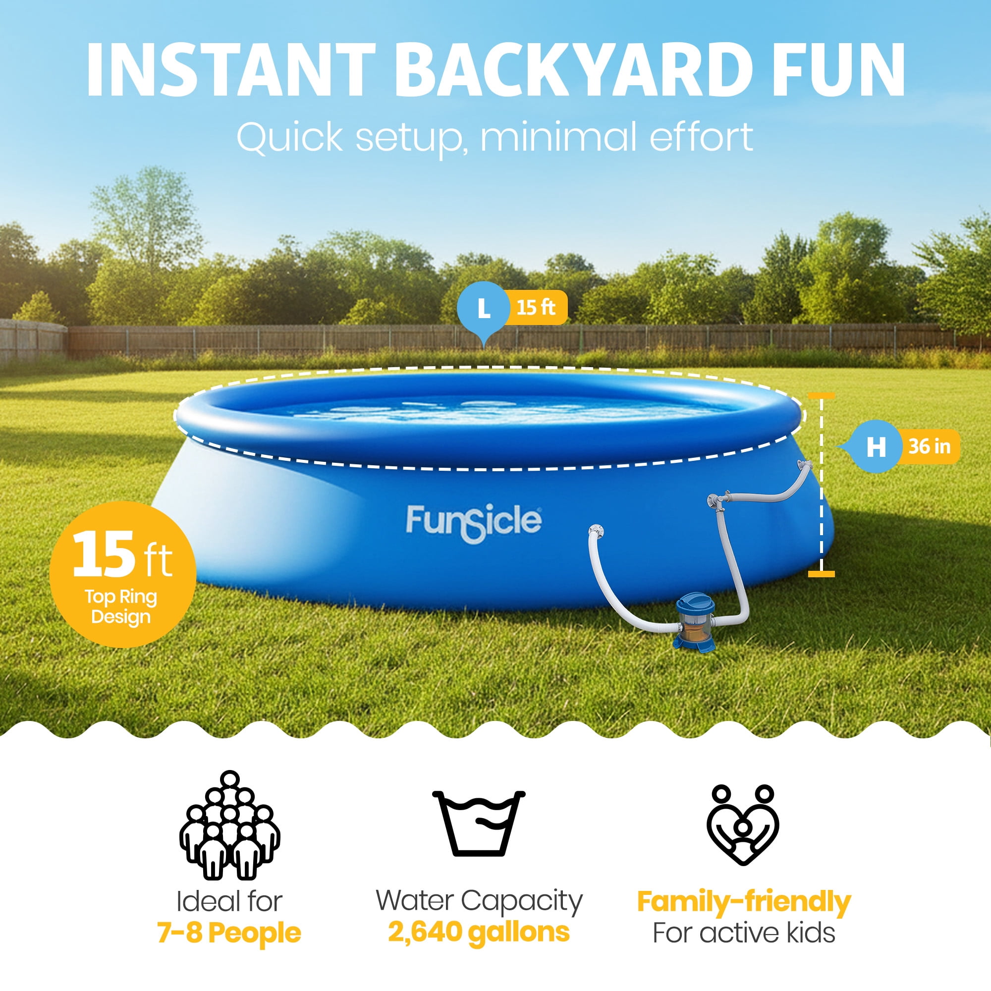 Funsicle QuickSet 15' x 36" Round Inflatable Top Ring Above Ground Swimming Pool Set