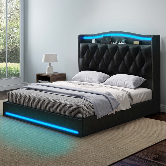 DEXTRUS Queen Size Upholstered Bed Frame with Power Outlets & LED Lights, Storage Bed Frame with Drawers & Tall Headboard, Black